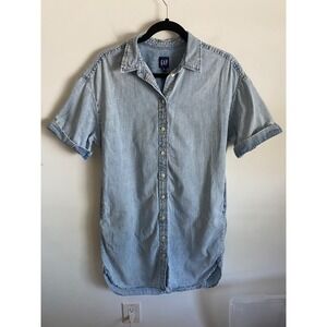 GAP Womens S Petite Light Wash Denim Short Sleeve Button Down Shirt Dress Cotton